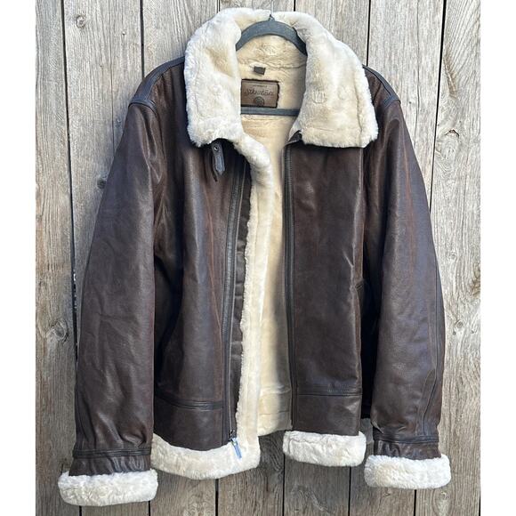 VTG St John’s Bay Brown Leather Pilot Jacket Faux Fur Lining Womens XL Bomber - Picture 1 of 10